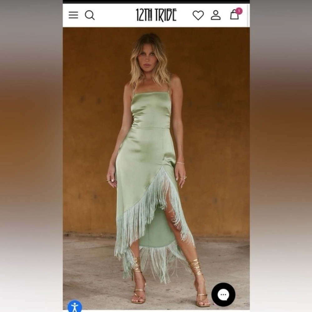 NWT 12th Tribe Monet Sage Fringe Satin Maxi Dress Large - Picture 2 of 8